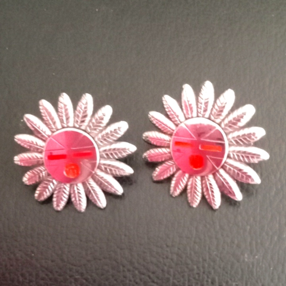 STERLING SILVER AND ORANGE CORAL SUNGOD EARRINGS.